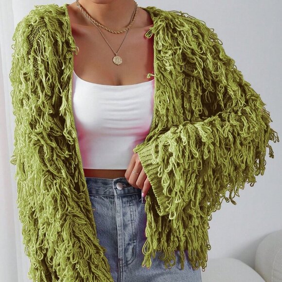 Olive Green Casual Women's Open Front fringe knit sweater Cardigan - Picture 5 of 7